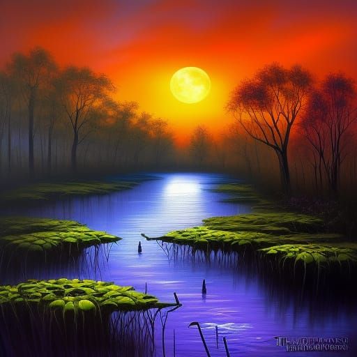 Halloween Swamp Comic Art in Neo-Impressionist Style