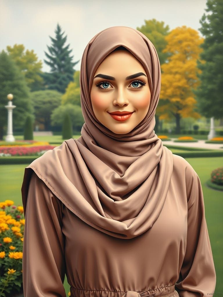 Elegant Hijabi Woman in Garden: Modern Oil Painting