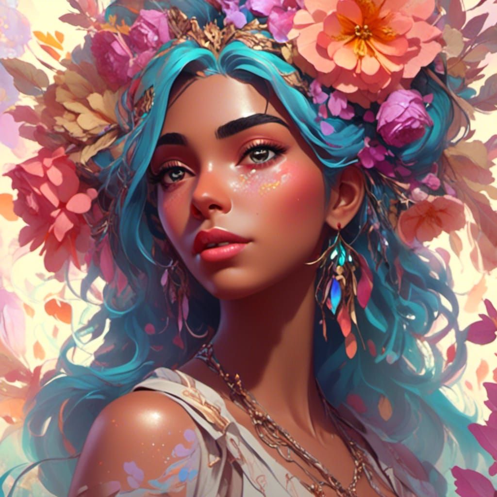 Latina Woman Portrait with Pastel Flowers