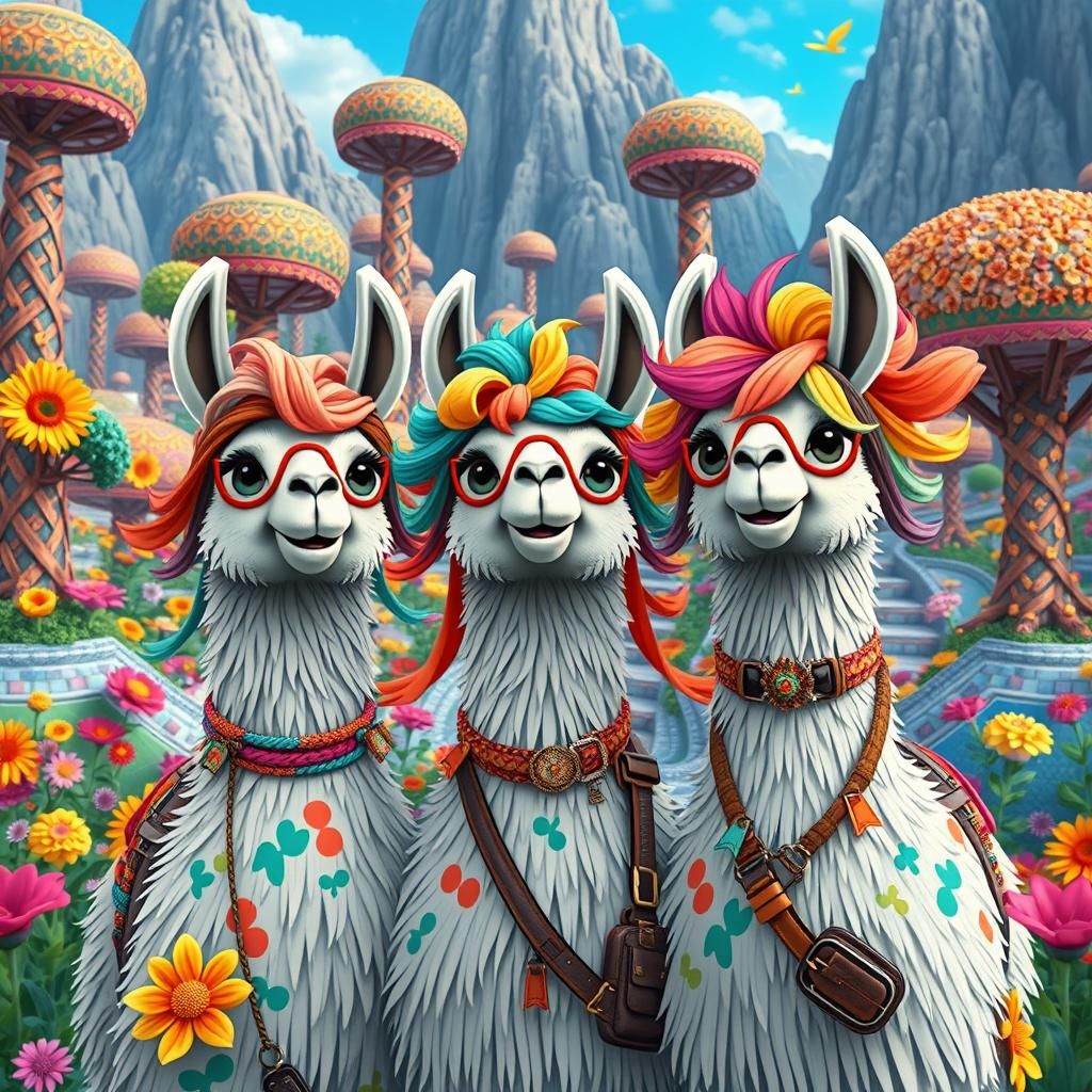 Cartoon Tourist Llamas Visit Psychedelic Utopia