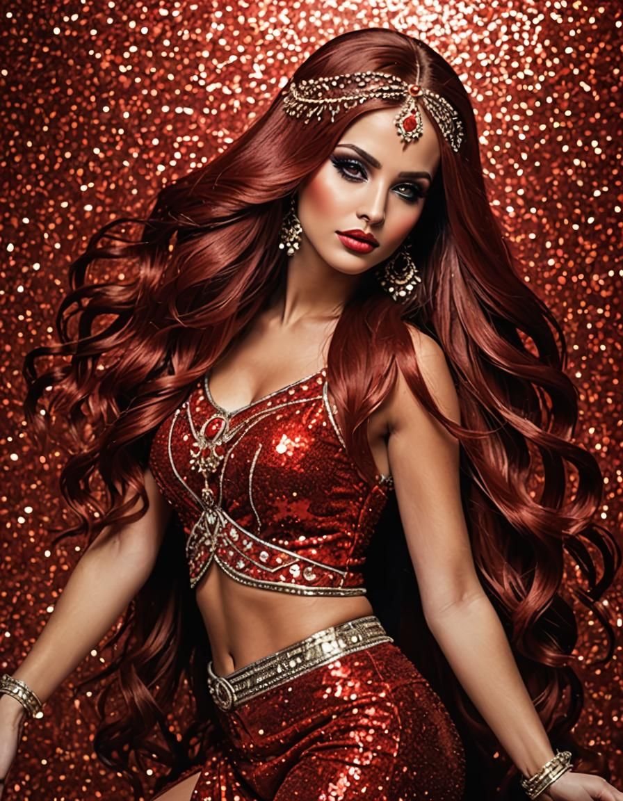 Beautiful Belly Dancer with Red Glitter Outfit