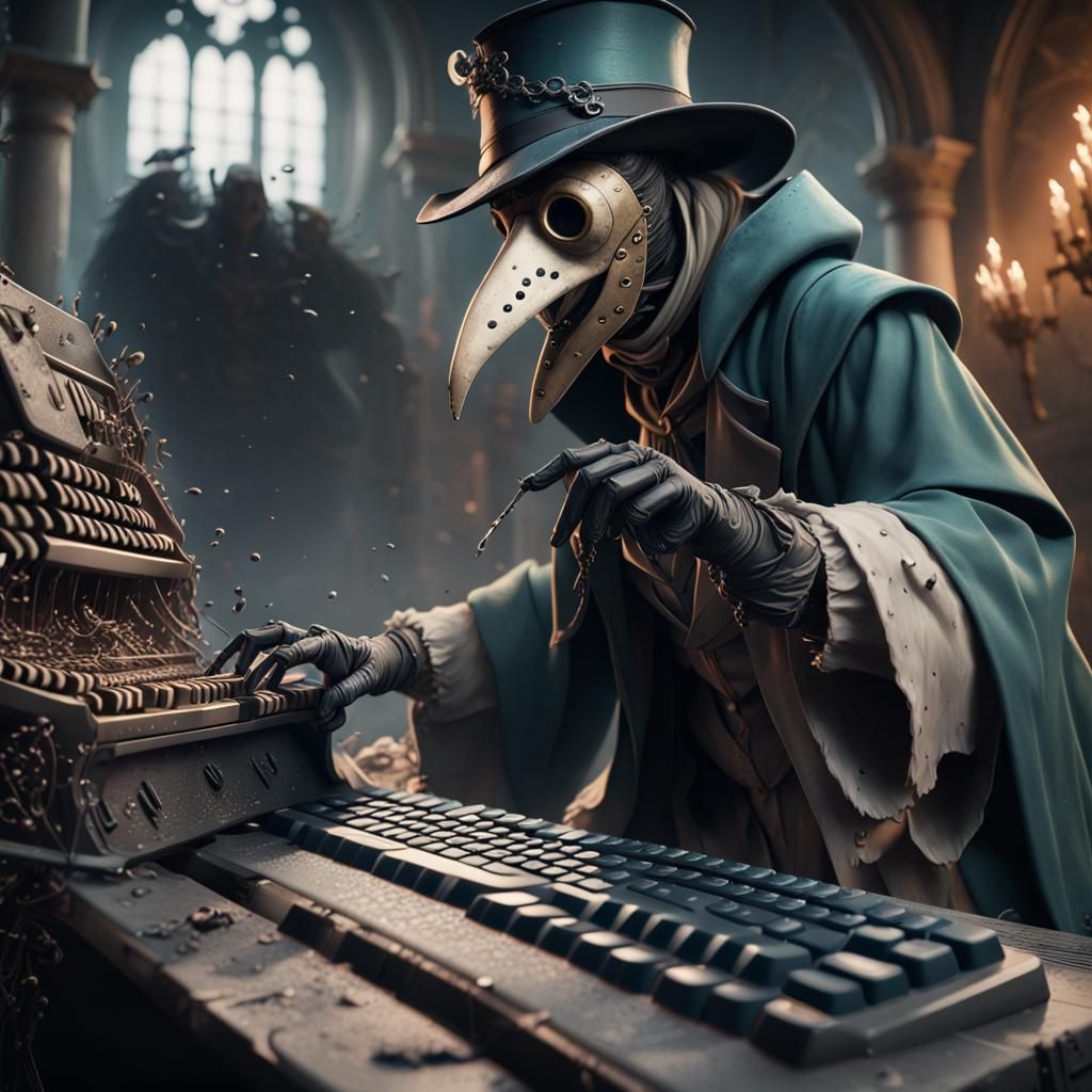 Plague Doctor Types at Keyboard: Detailed Matte Painting