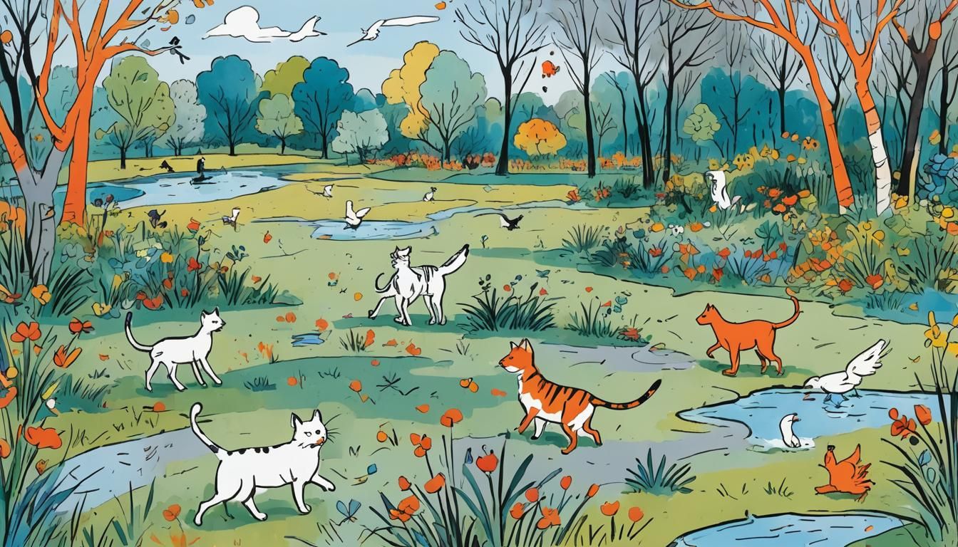 Whimsical Cat's Playful Day: Fine Line Art