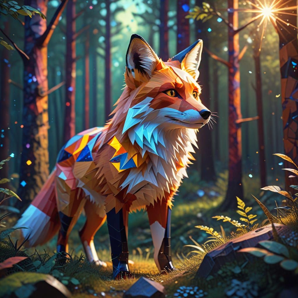 Fox Walks in Forest Under Star in Cubist Style