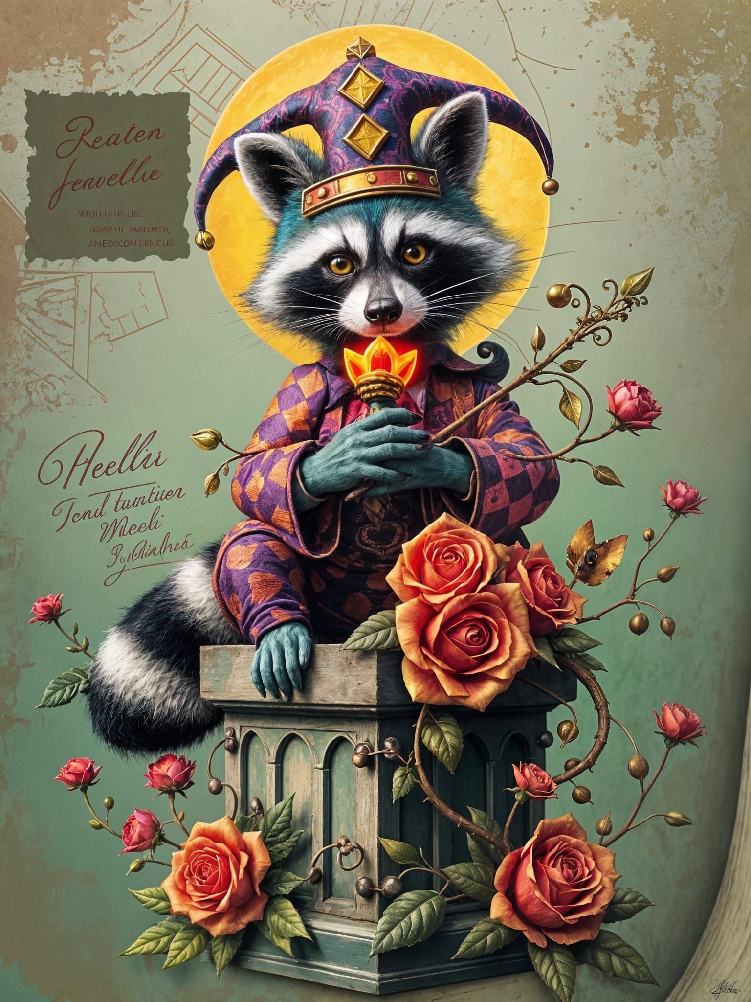 Cyberpunk Jester Raccoon in Shimmering Typographic Revival