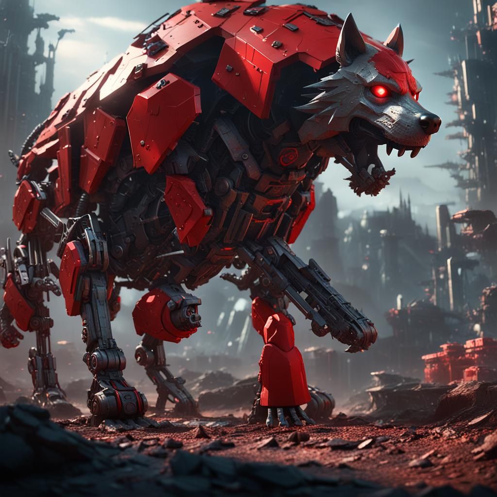 Apocalyptic Little Red Riding Hood and Mech Wolf