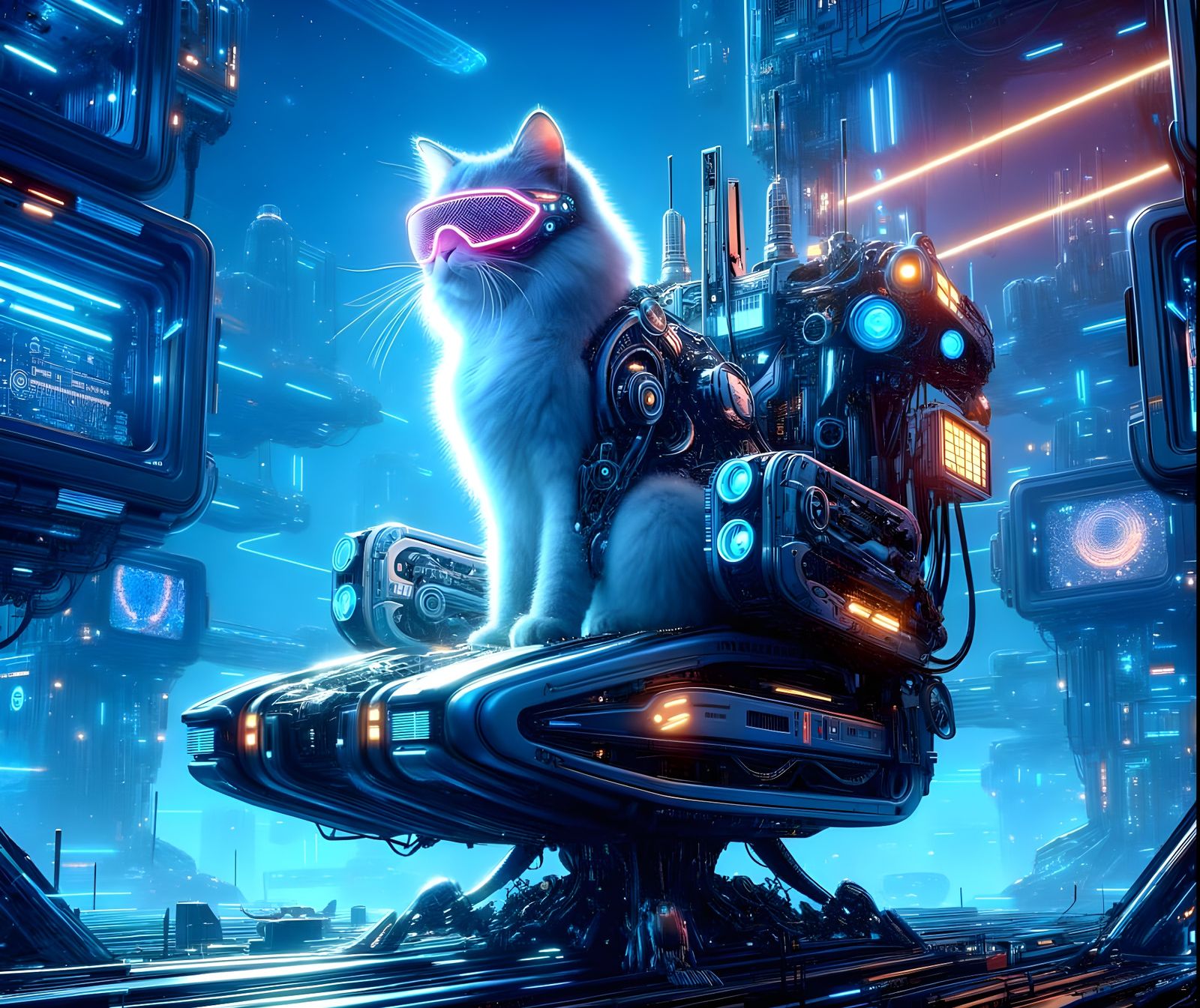 Android Cat Navigator in Cyberpunk Space