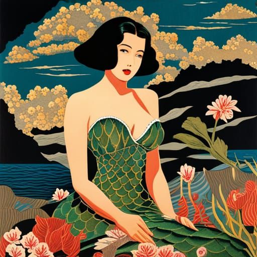 "Mermaid pulp noir fiction cover in collage and Taisho art s...