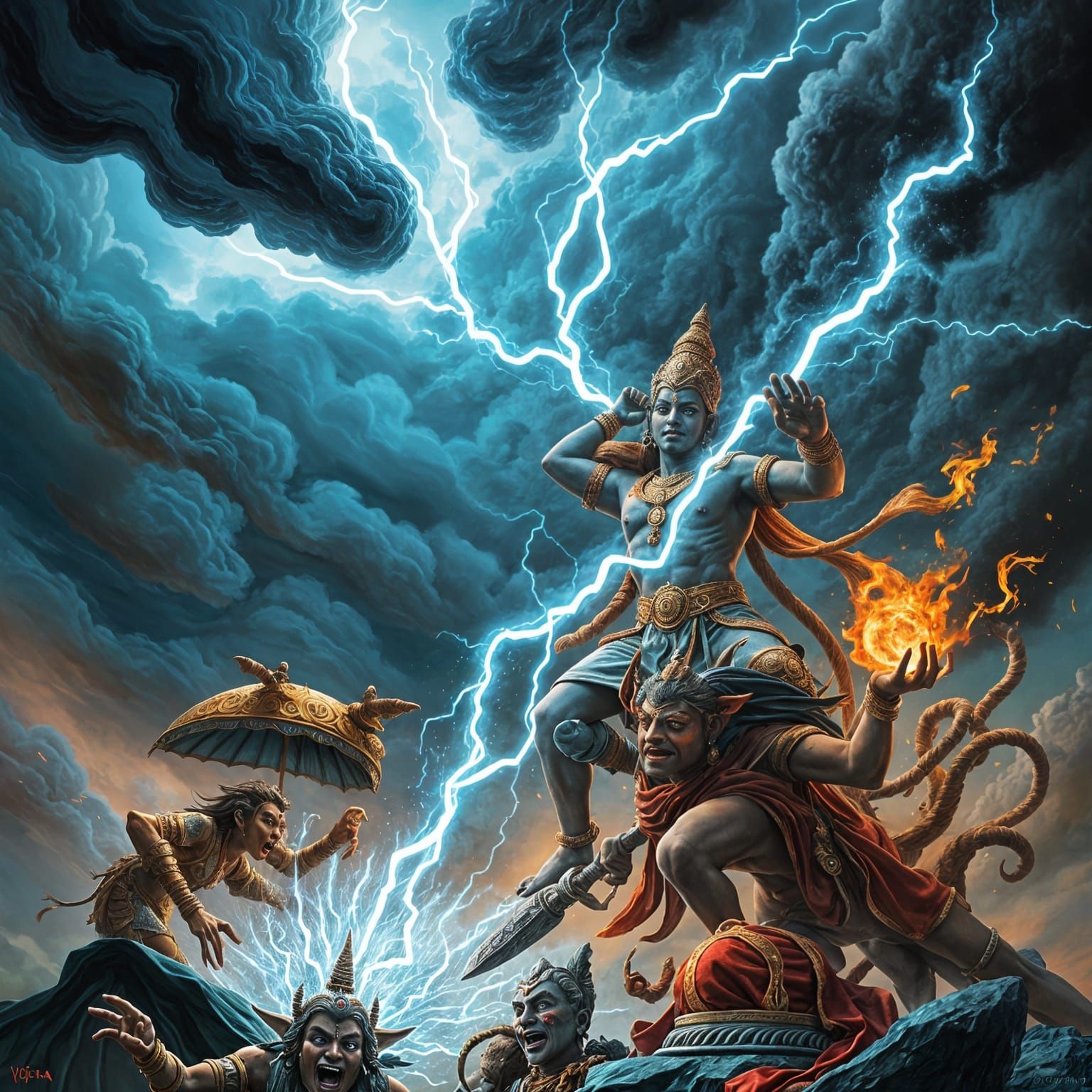 Indra's Vajra Unleashes Divine Fury on Vritra and the Asuras
