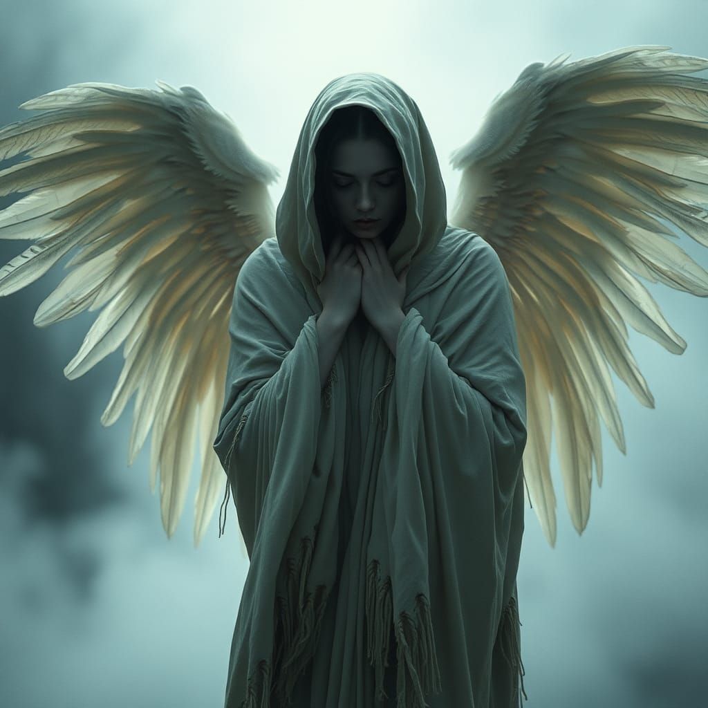 Ghostly Woman Hidden Behind Angel Wings