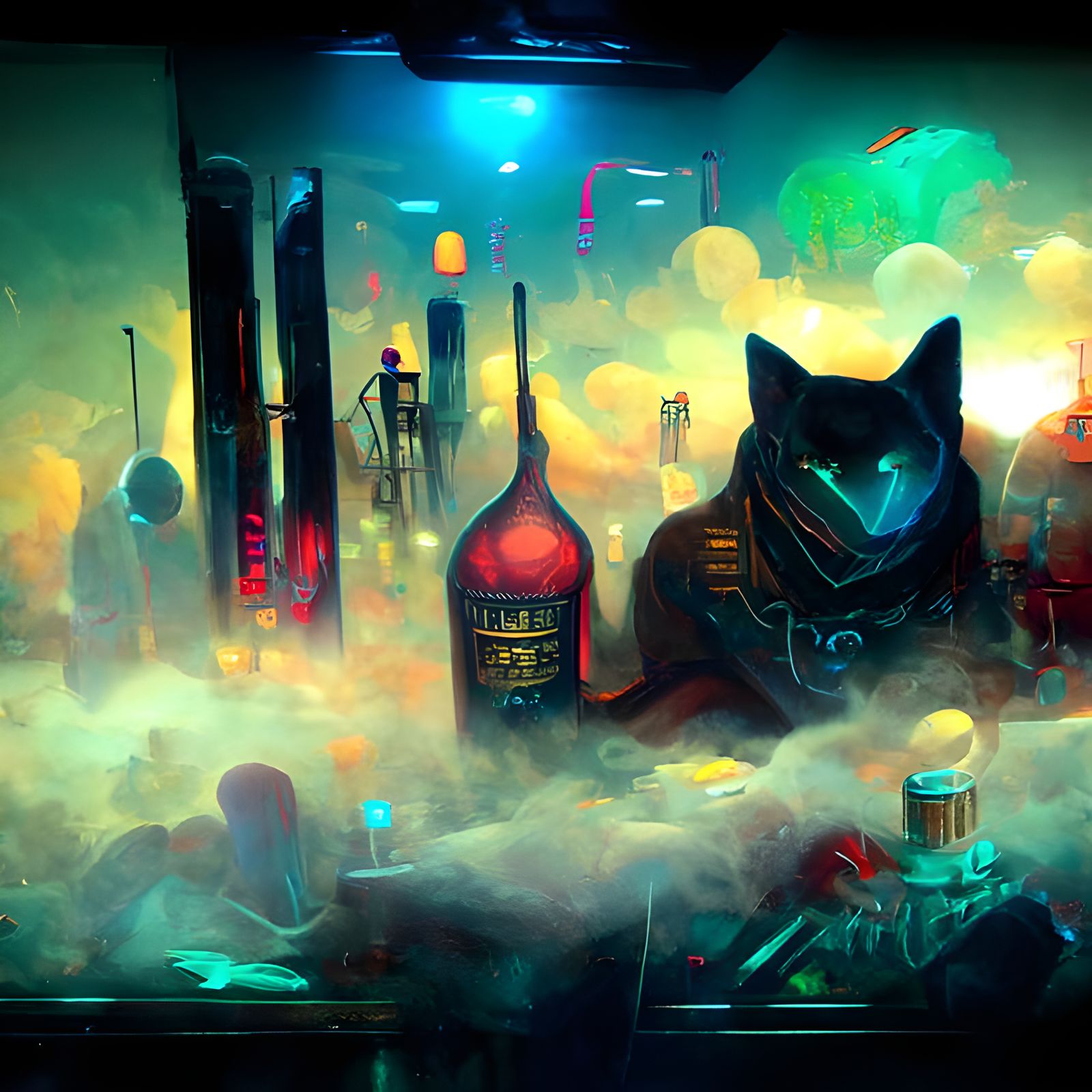 Robot Cat Plays Synth in Cyberpunk Bar