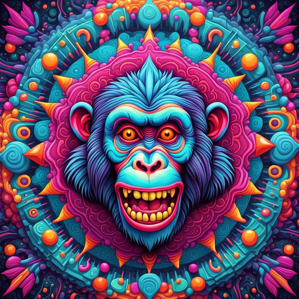 Fluorescent Zombie Monkey Clown in Candy Art Style