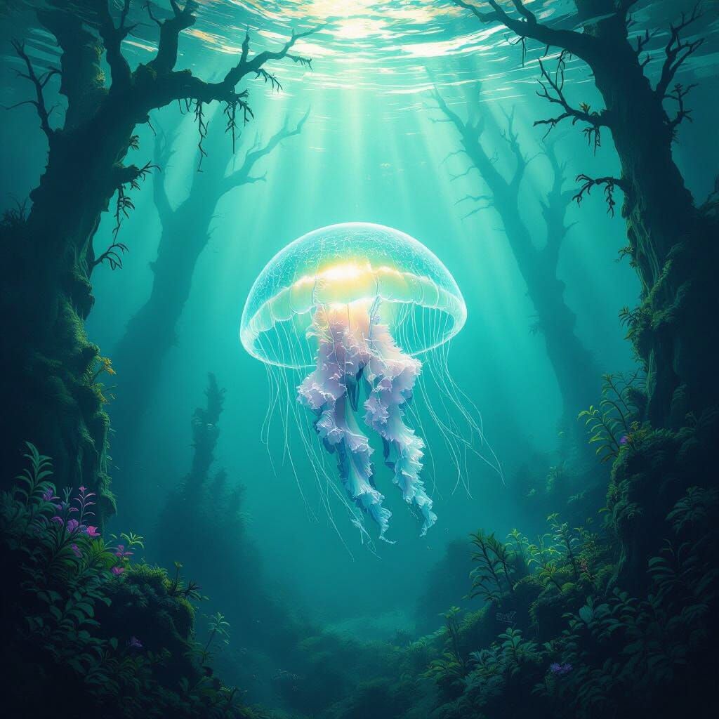 Bioluminescent Jellyfish in Ancient Underwater Forest