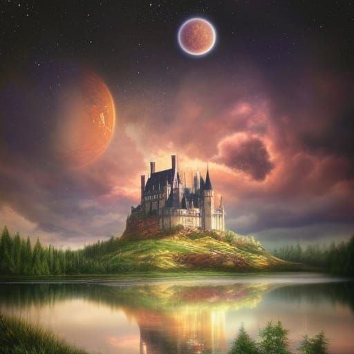 Castle in Lake: Hyperrealistic Fantasy Landscape