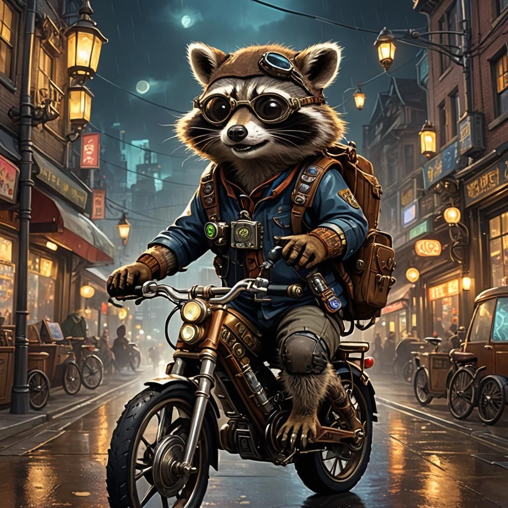 Steampunk Raccoon Rides Bicycle Through City at Night