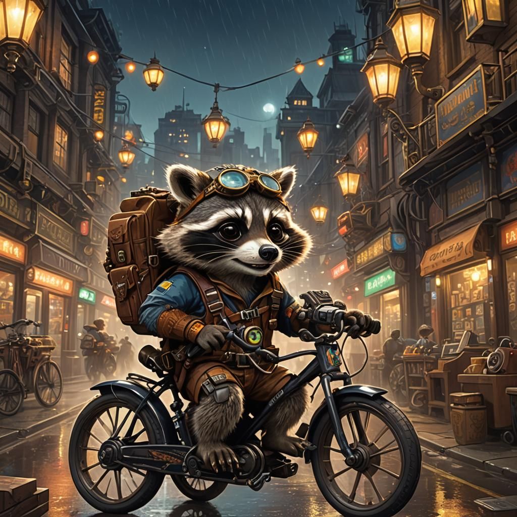 Raccoon Rides Steampunk Bicycle Through City at Night