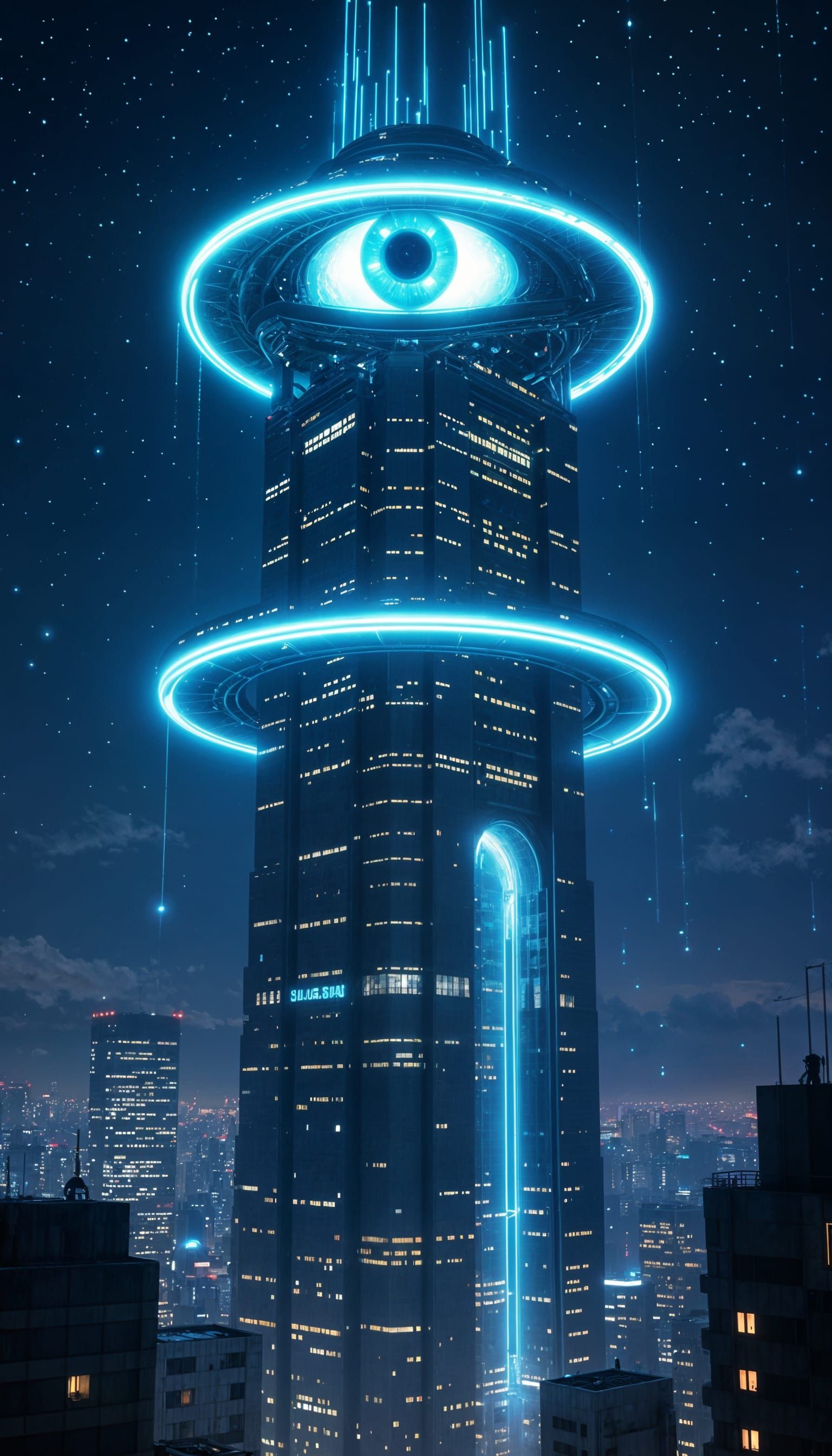 Futuristic Tokyo Skyscraper with Glowing Eye in Sci-Fi Style