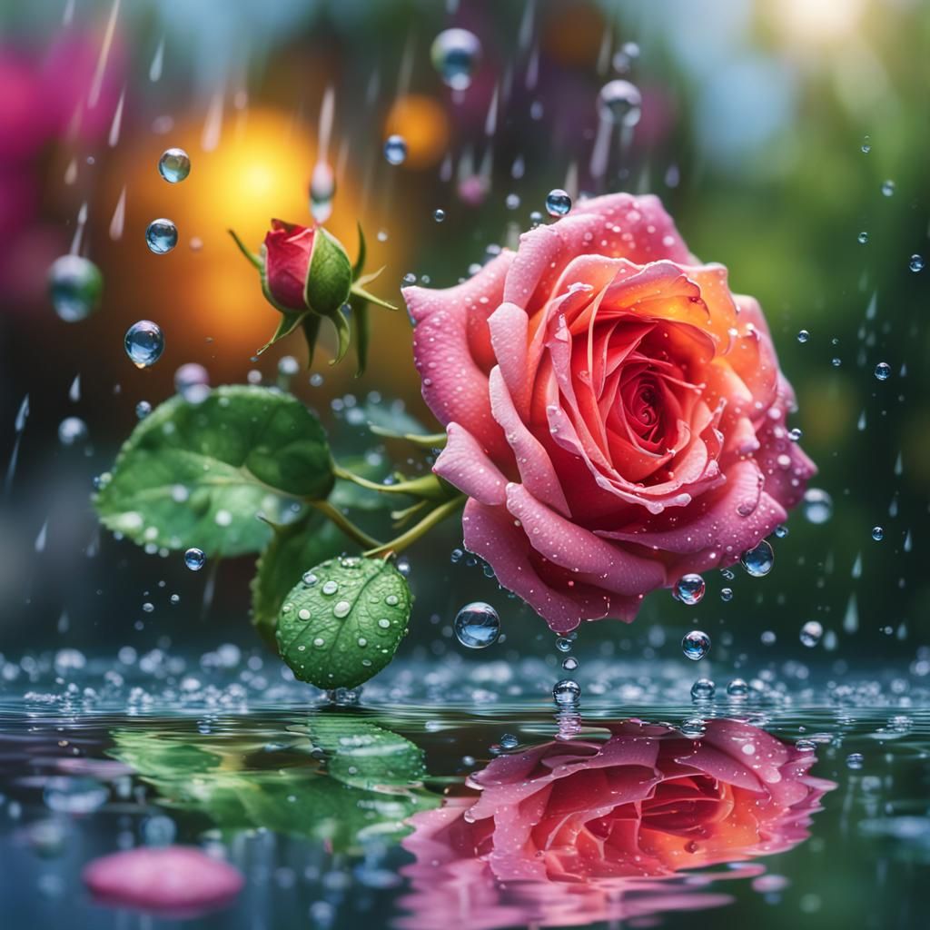 Raindrop on Rose: Hyperrealistic Reflection in Splash Art