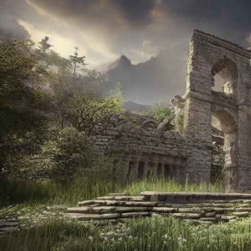 Ethereal Landscape Painting of Ancient Ruins in 3D