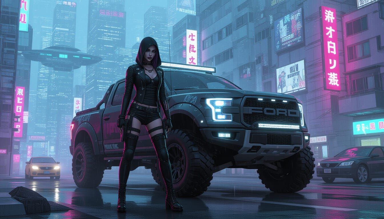 A goth  cyberpunk female in her high rise cyberpunk style tr...