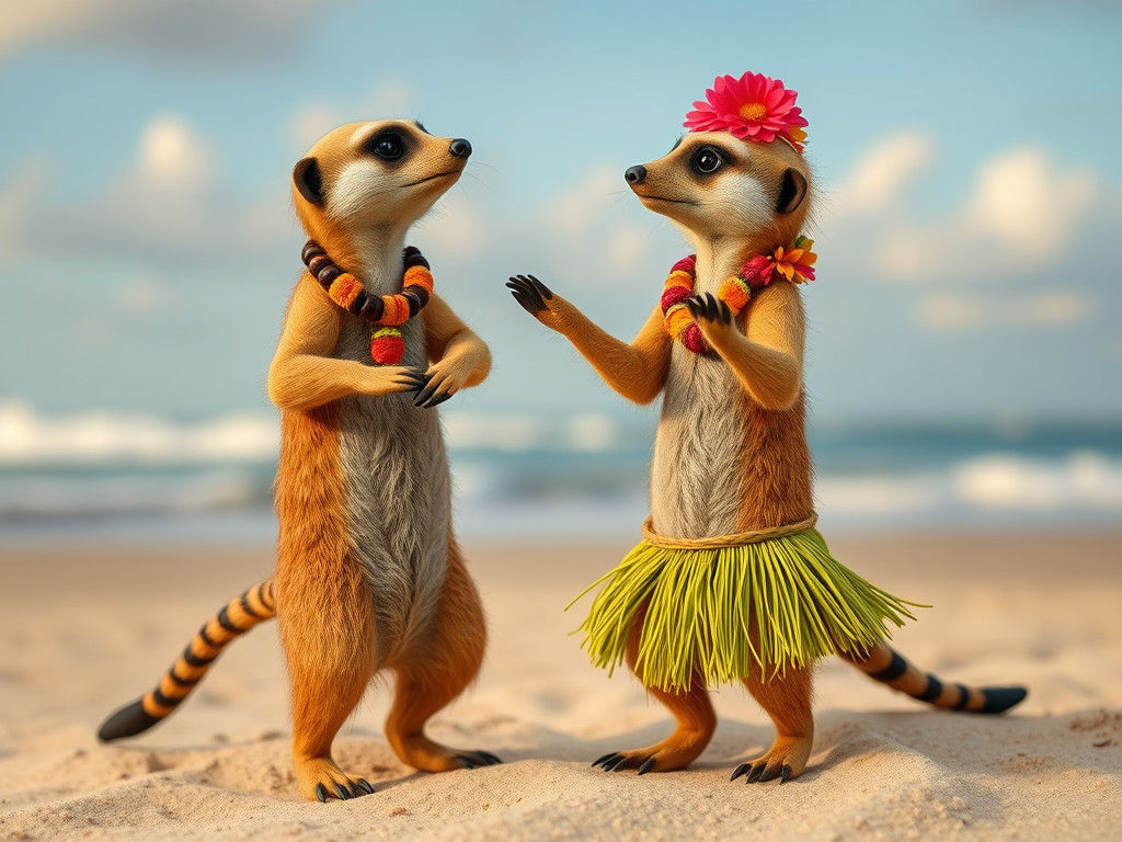Meerkats Hula Dancing on a Beach in Groovepunk Style