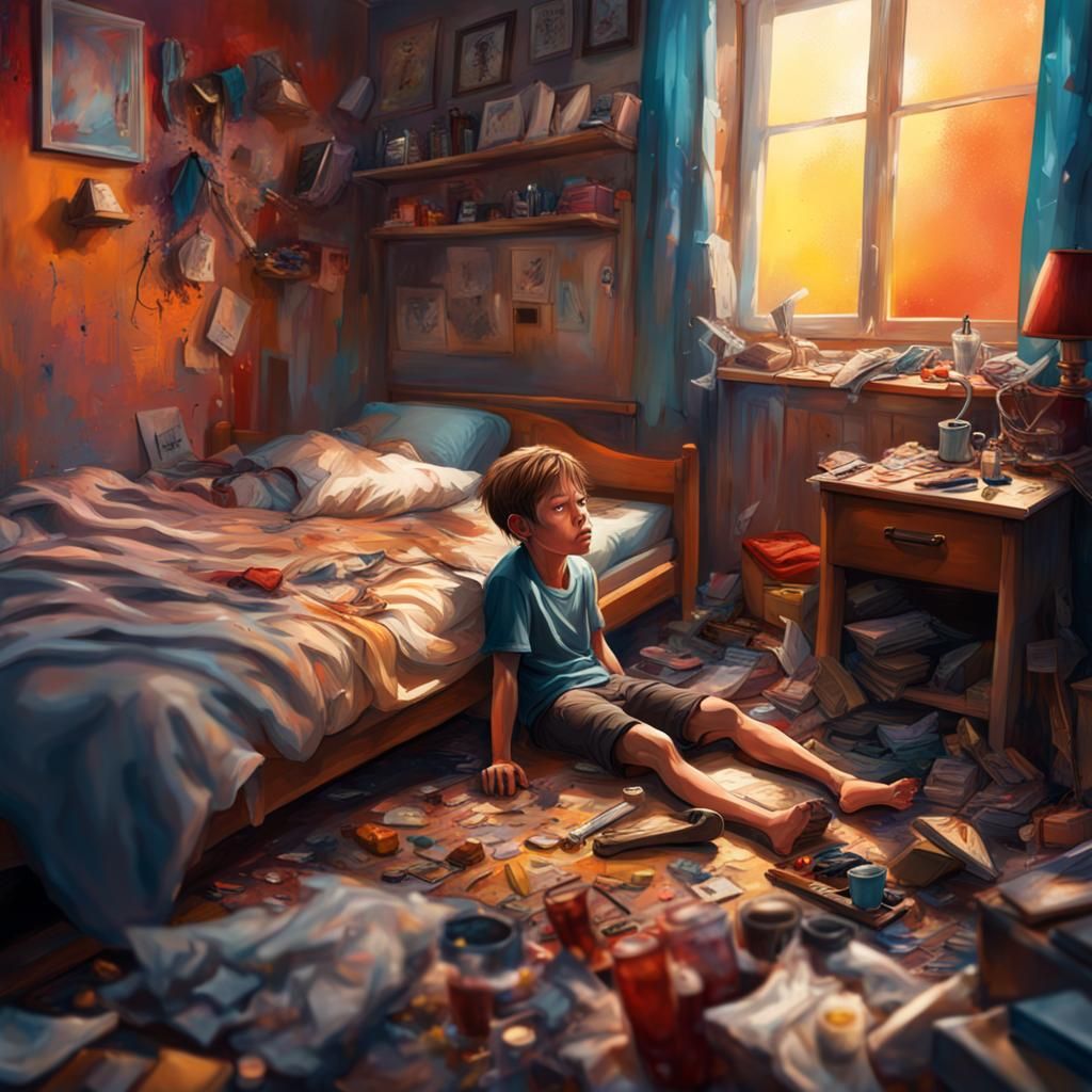 Boy's Nightmare in Messy Room: Hyperrealistic Splash Art