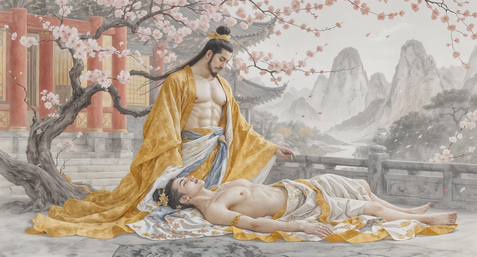 Chinese Emperor Gazing at Lover in Watercolor Style