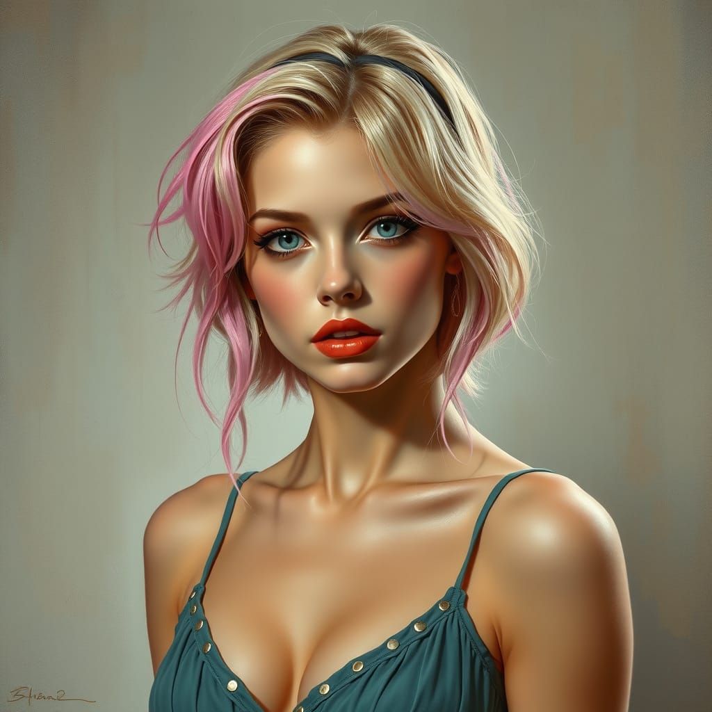 Neon Pin-Up Girl in Tonalist Art Nouveau Style