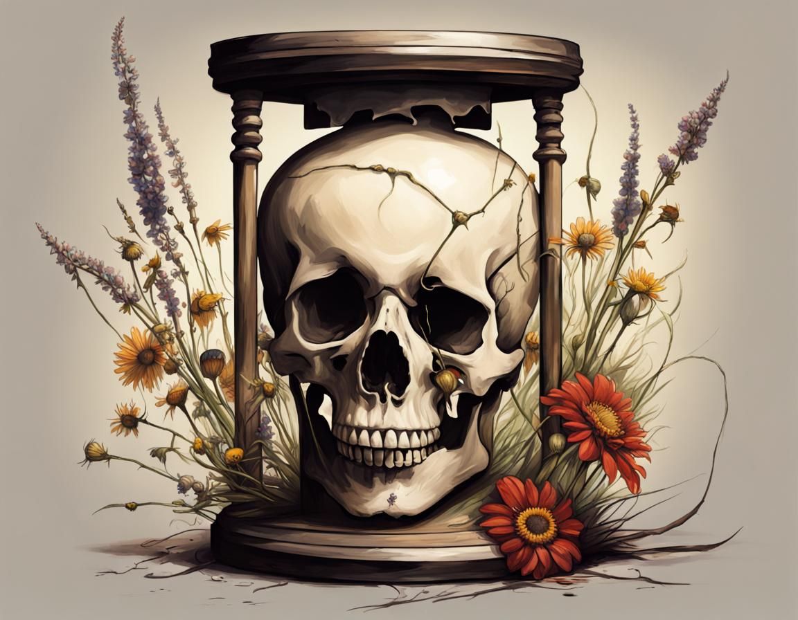 Sinister Hourglass with Skull and Flowers