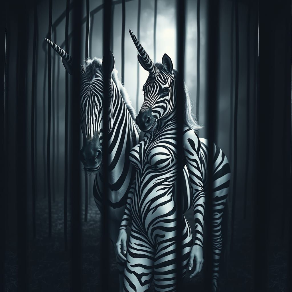 Woman Merges with Zebra Unicorn in Surreal Striped Harmony