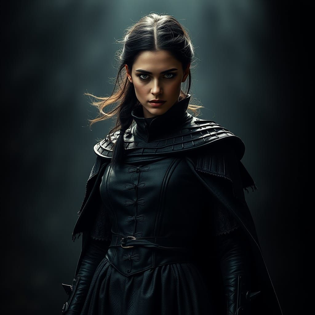 Imposing Female Figure in a Dystopian Landscape