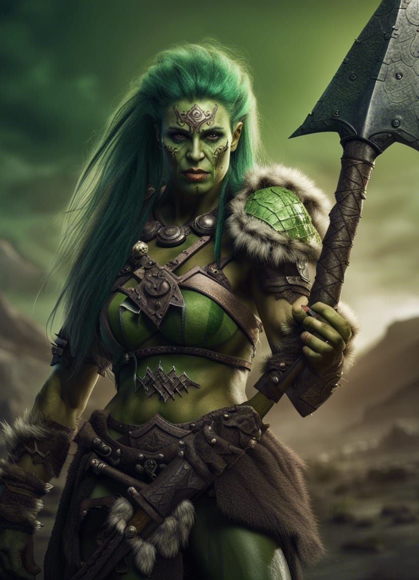 Muscular Orc Warrior Woman in Detailed Fantasy Portrait