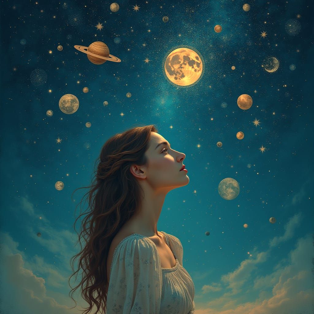 A Woman Contemplates the Celestial Bodies in a Dreamlike, Su...