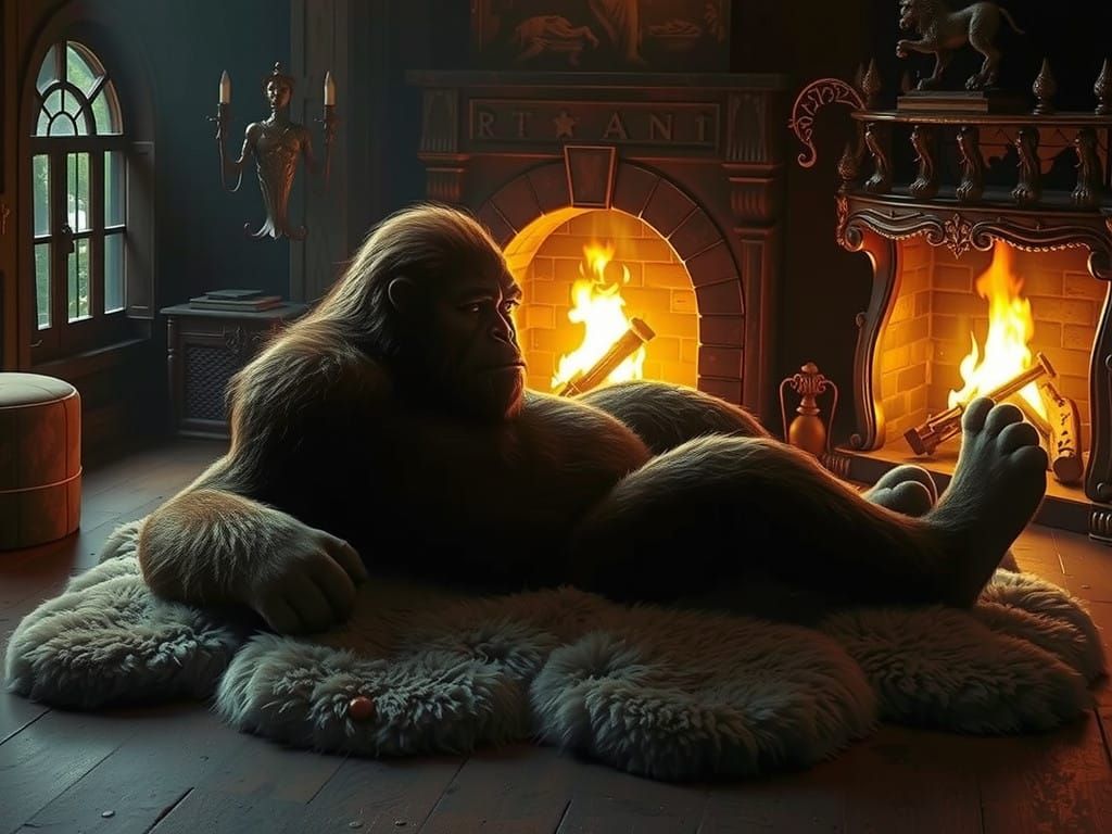 bigfoot posing seductively on his stomach on a fur rug in fr...