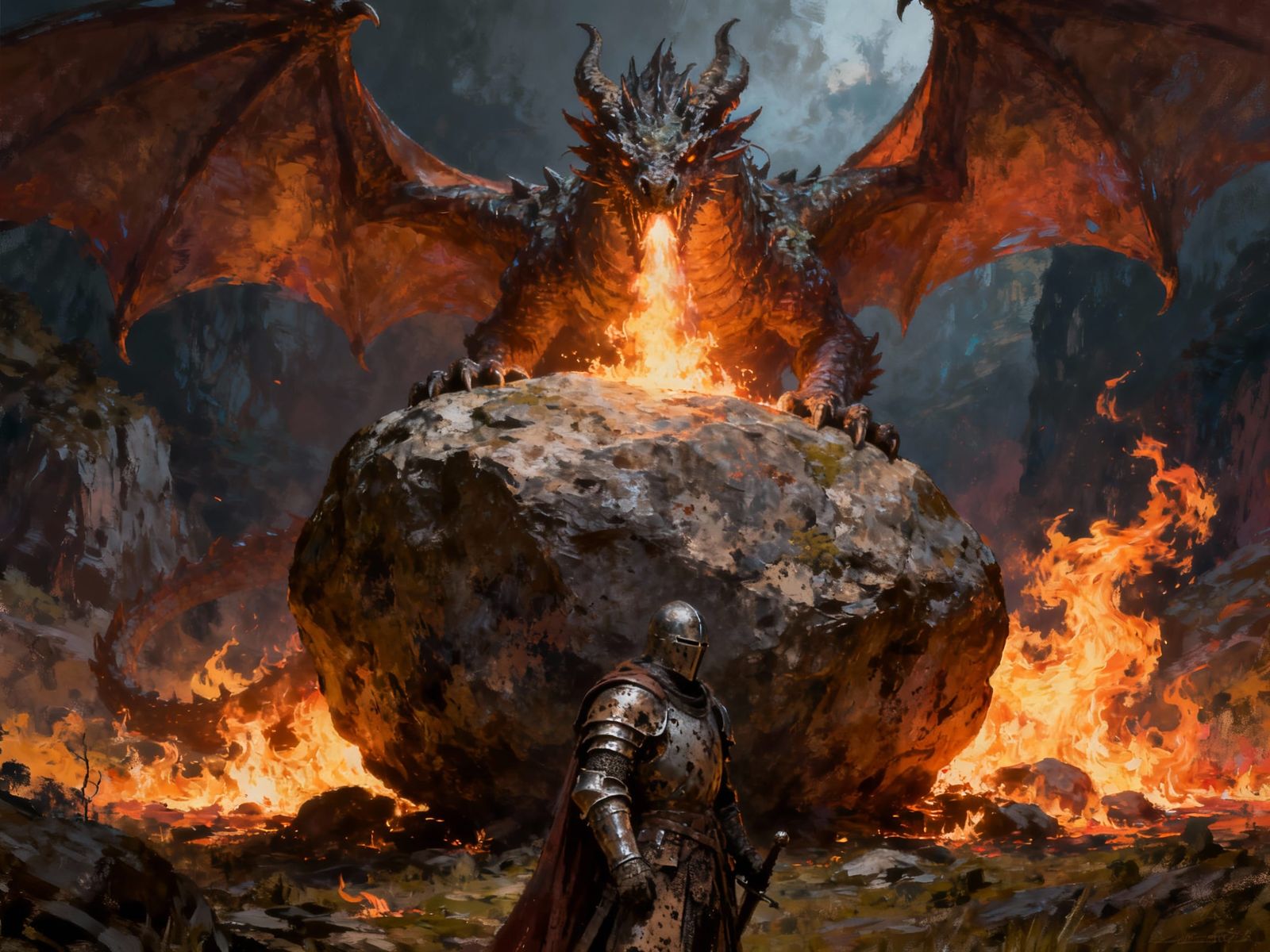 Knight Hides from Dragon Fire Behind Boulder