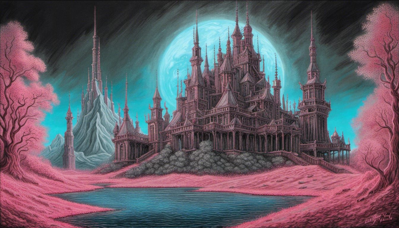 Crystal Castle: Retro Horror in Charcoal Drawing