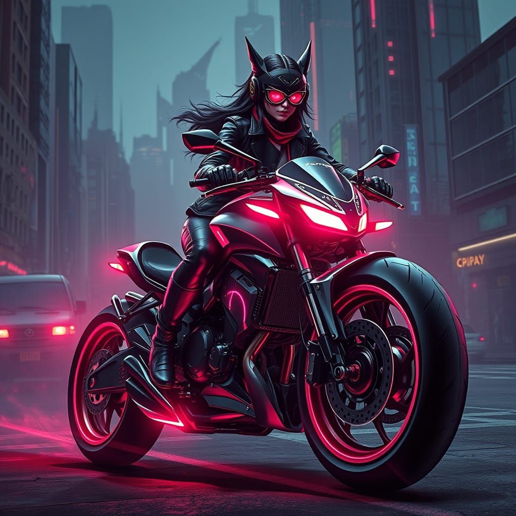 Witch on Futuristic Motorcycle in Dark Cityscape