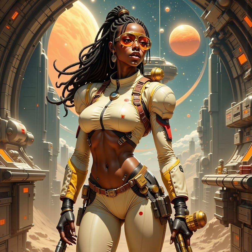 Futuristic Woman in Retro Sci-Fi Space Command Center