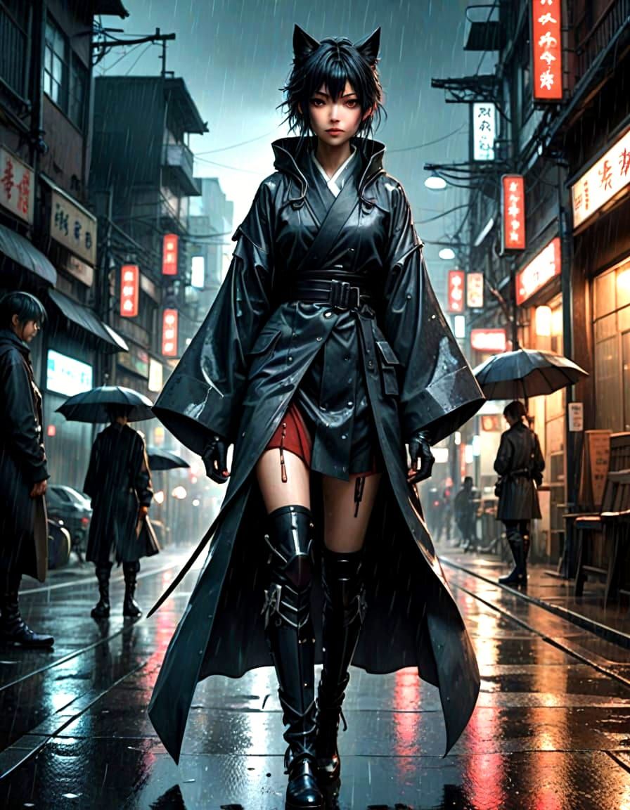 Gothic Anime Goddess in Rainy Urban Night