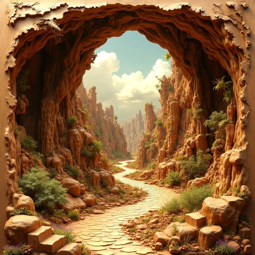 Majestic Wood Landscape in Folk Art Style