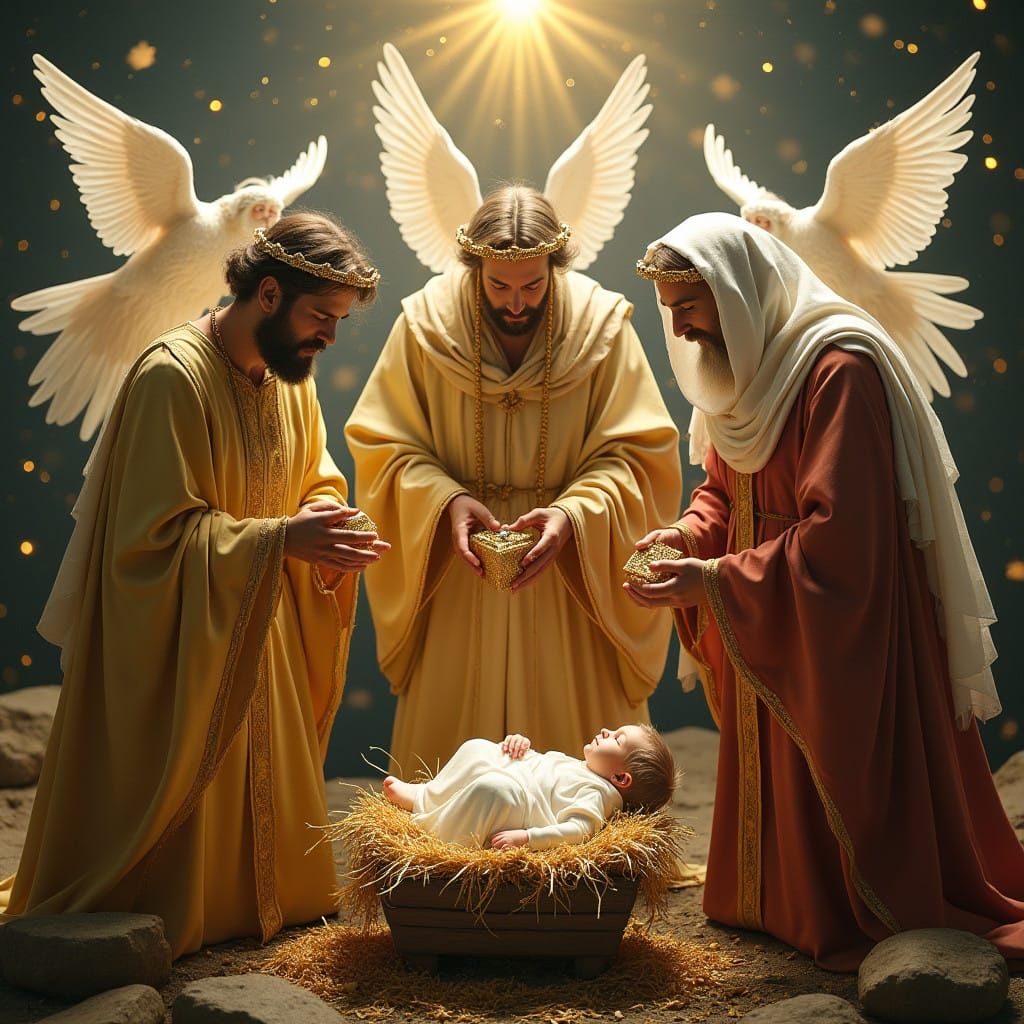 Regal Wise Men Adore Baby Jesus in Heavenly Glow