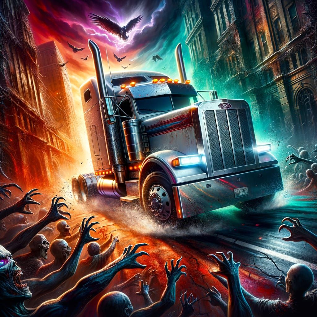 Peterbilt Truck in Zombie City, Hyperrealistic Splash Art