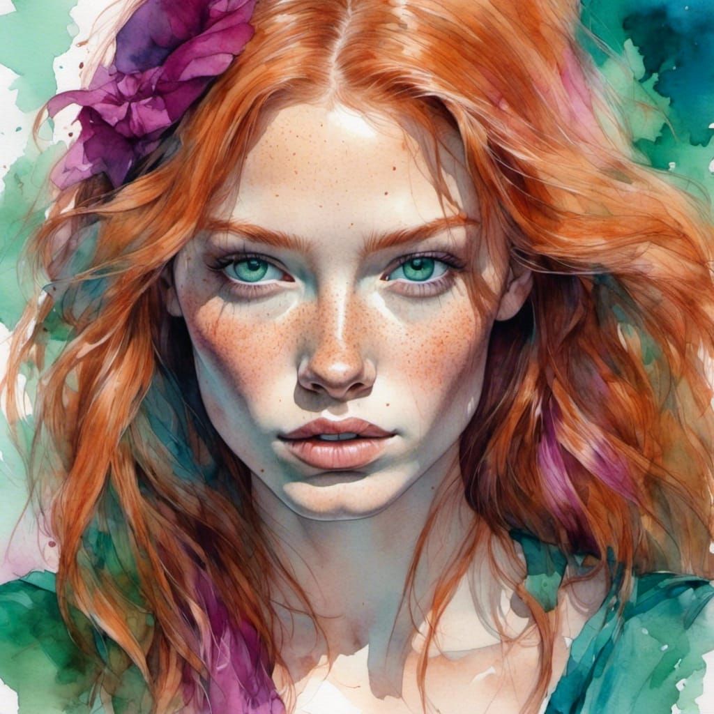 Freckled Ginger Woman Portrait in Vivid Color