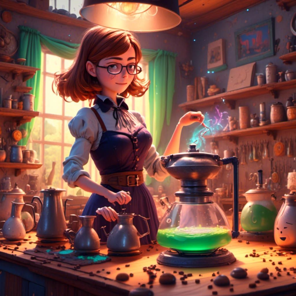 Whimsical Witch Brews Potion Coffee: Pixar-Style 3D Art