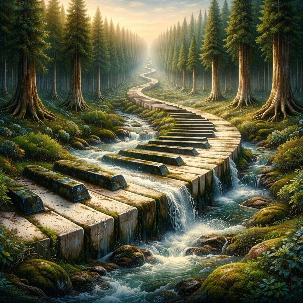 Surreal Forest River Through Giant Piano Keys