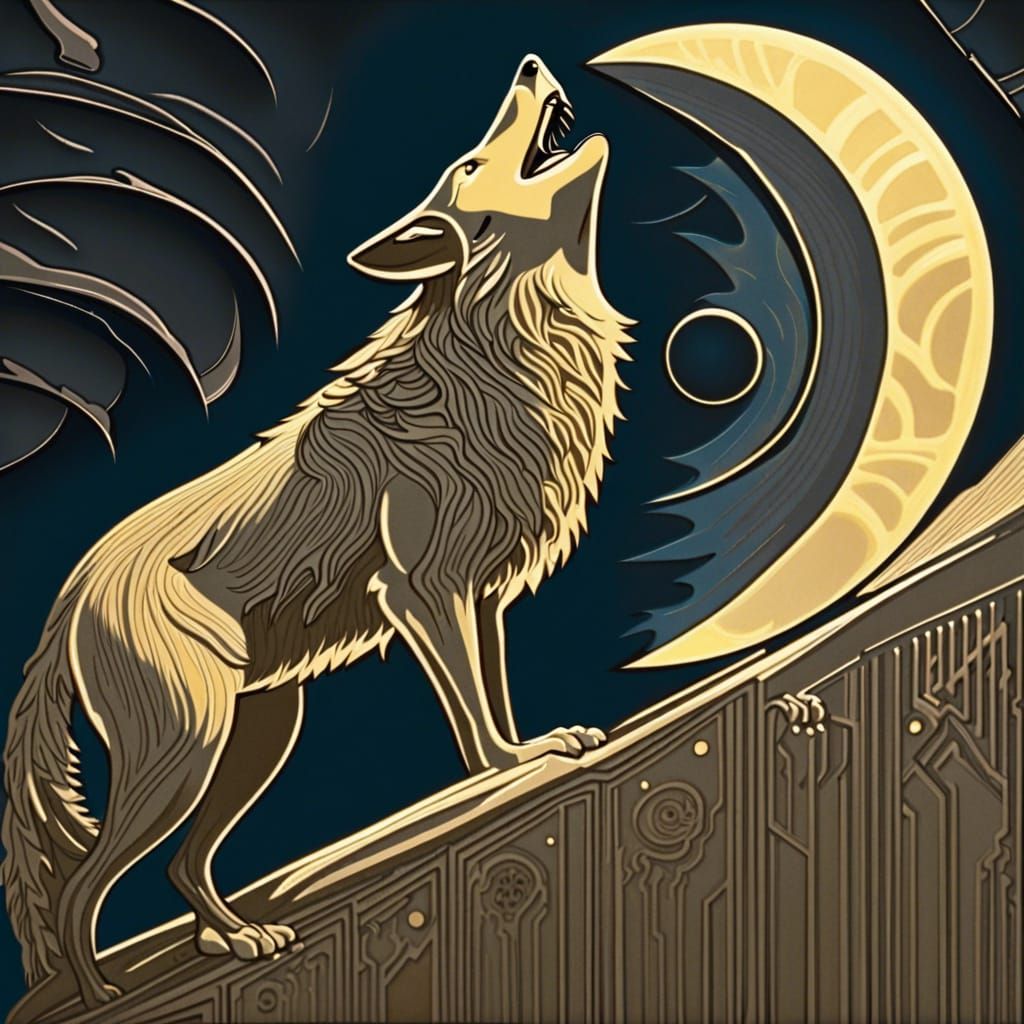 Art Deco Wolf Howling at the Moon