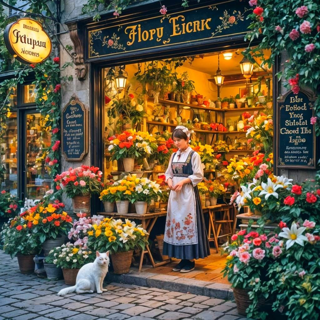 Charming Flower Shop in European Village, Double Exposure