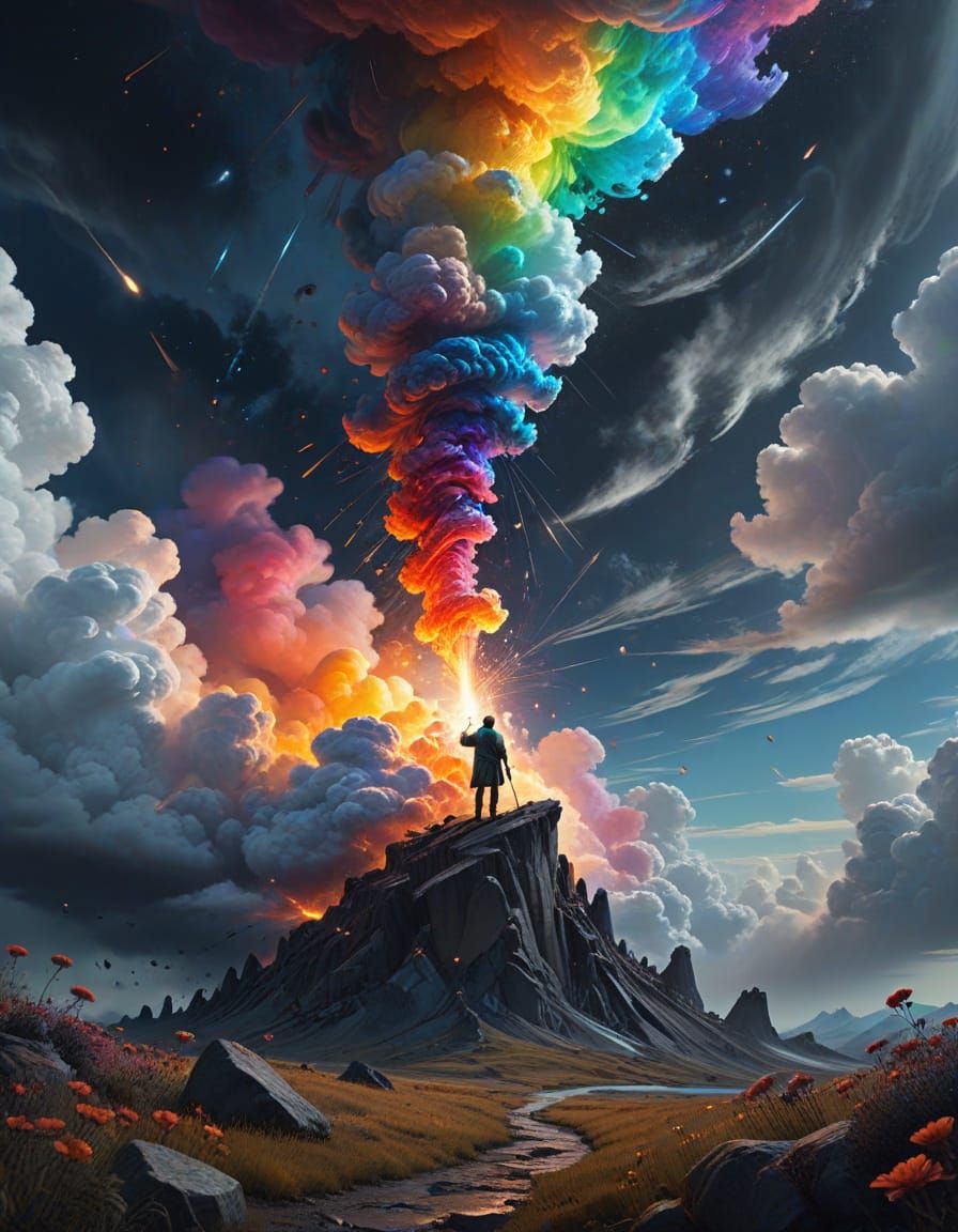 Surreal Landscape with Floating Paintbrushes