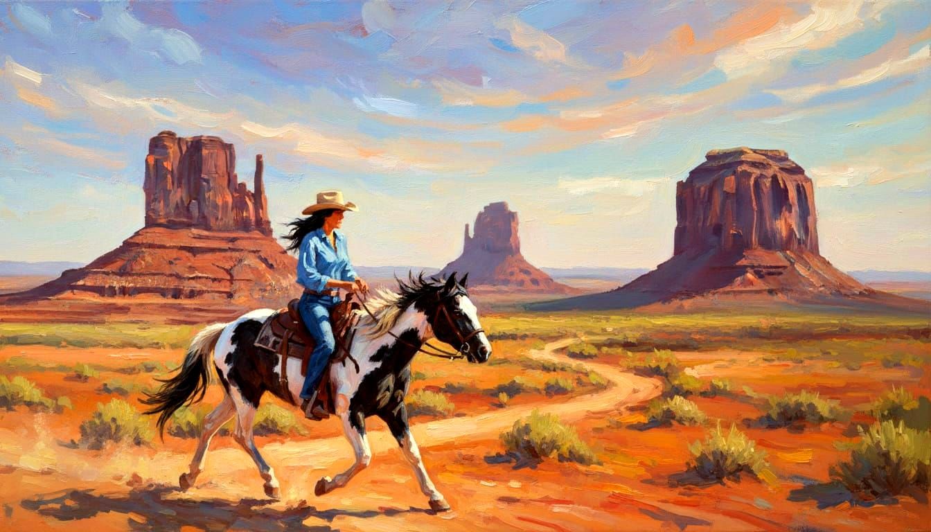 Impressionist Oil Painting of Woman Riding Horse in Monument...