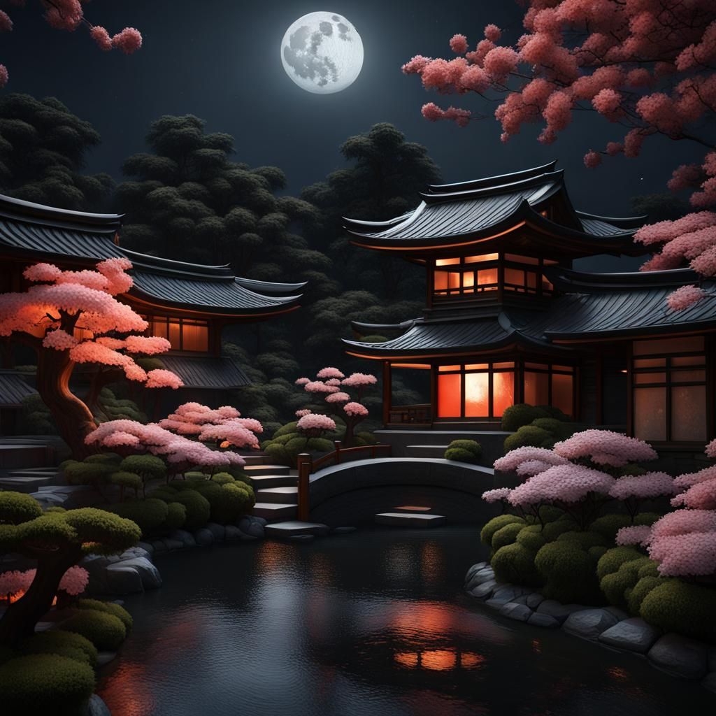 Japanese Garden at Night as Impasto Candy Art